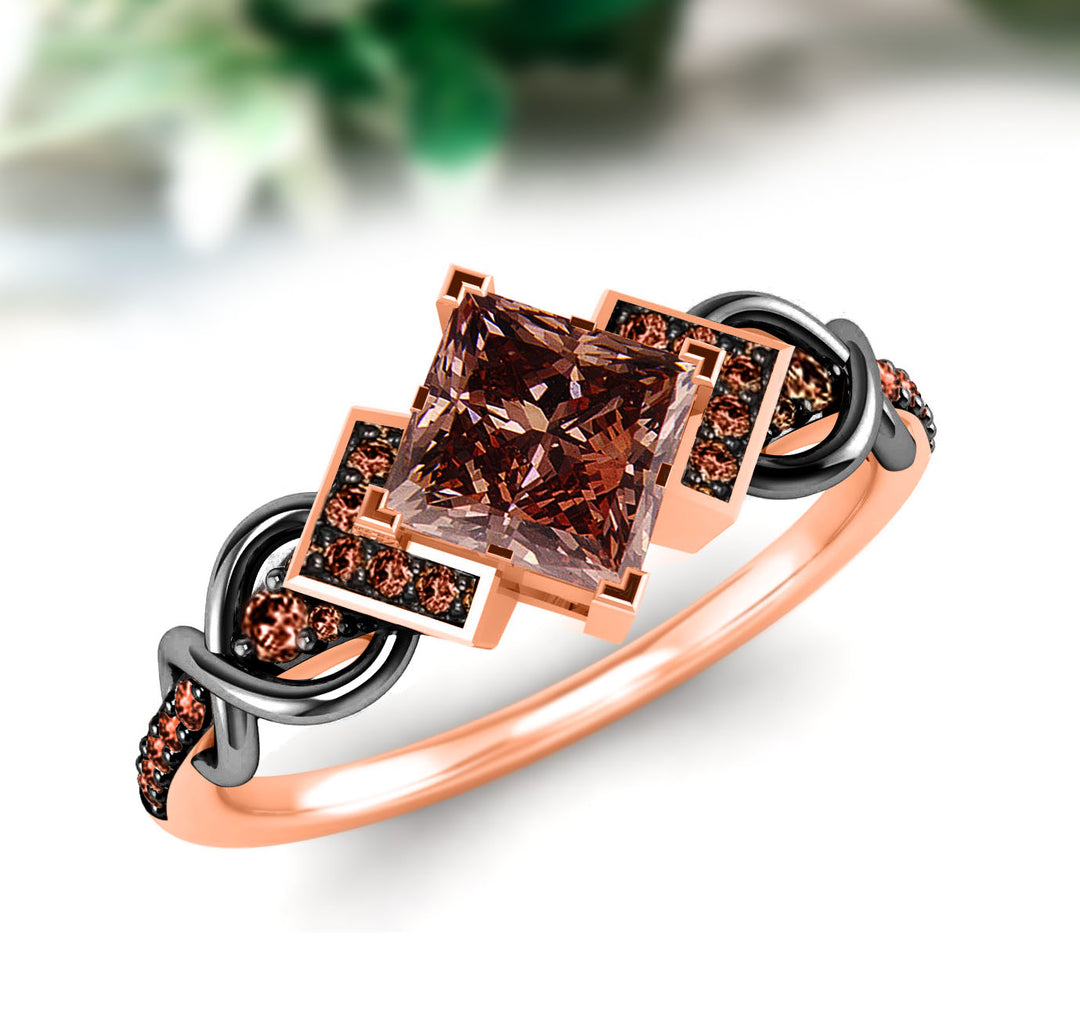 Princess Brown Diamond Wedding Ring in 14K Rose Gold Finish