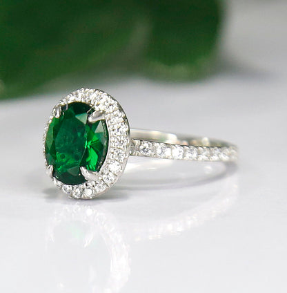 Emerald & Diamond Halo Engagement Ring in 925 Sterling Silver
