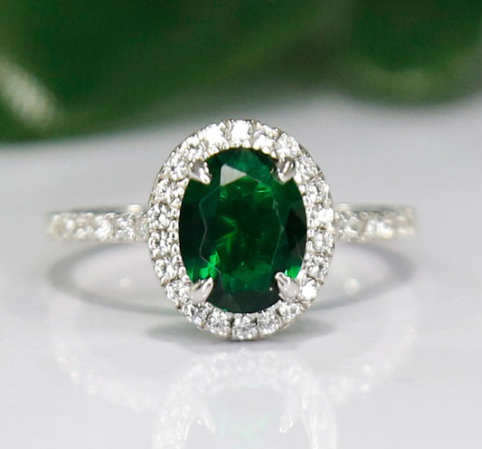 Emerald & Diamond Halo Engagement Ring in 925 Sterling Silver