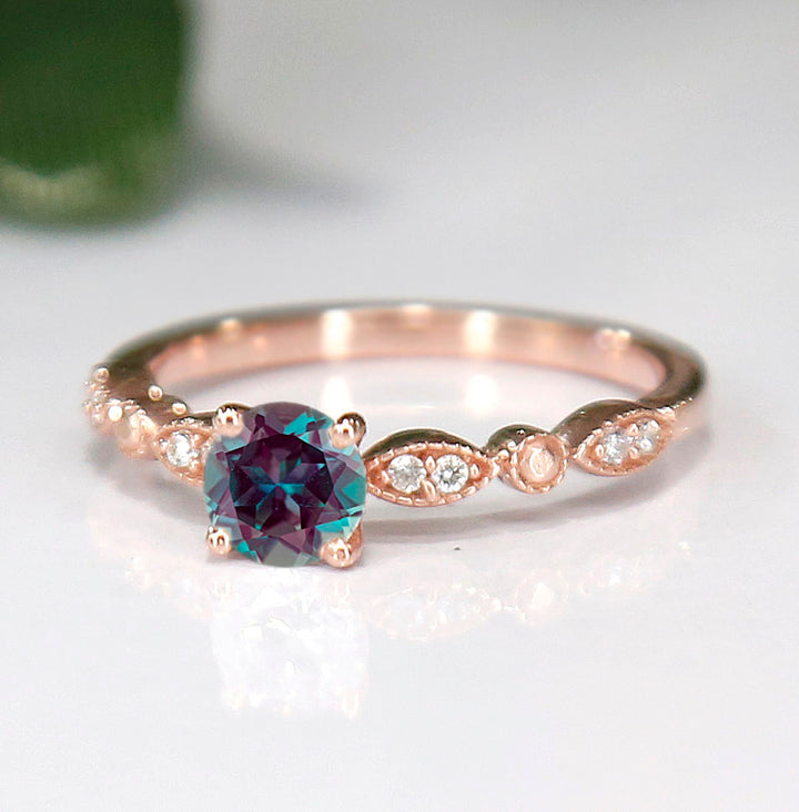 Alexandrite & Diamond Promise Ring 14K Rose Gold Finish Minimalist Ring