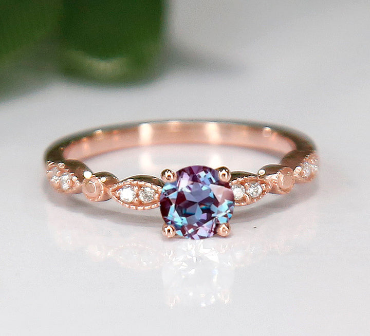 Alexandrite & Diamond Promise Ring 14K Rose Gold Finish Minimalist Ring