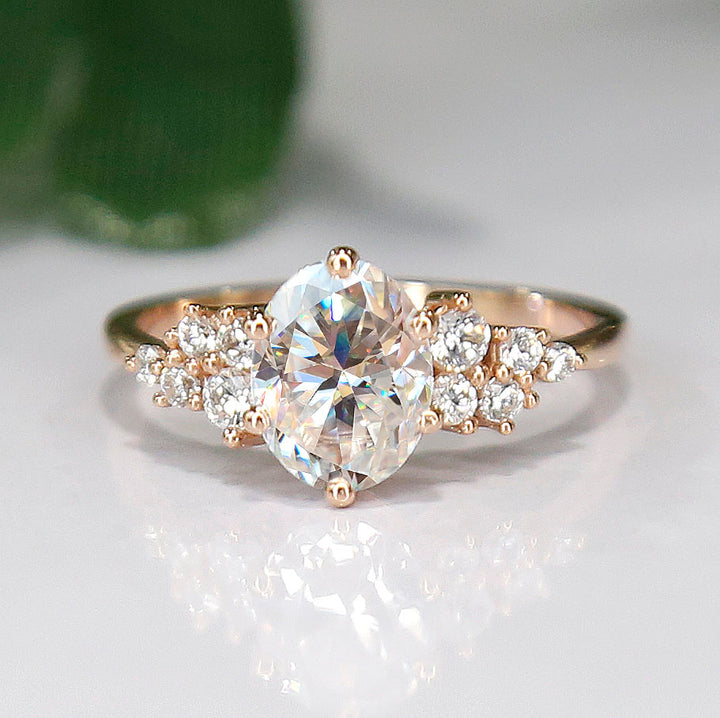 Oval White Topaz Cluster Anniversary Ring in 14K Rose Gold Finish