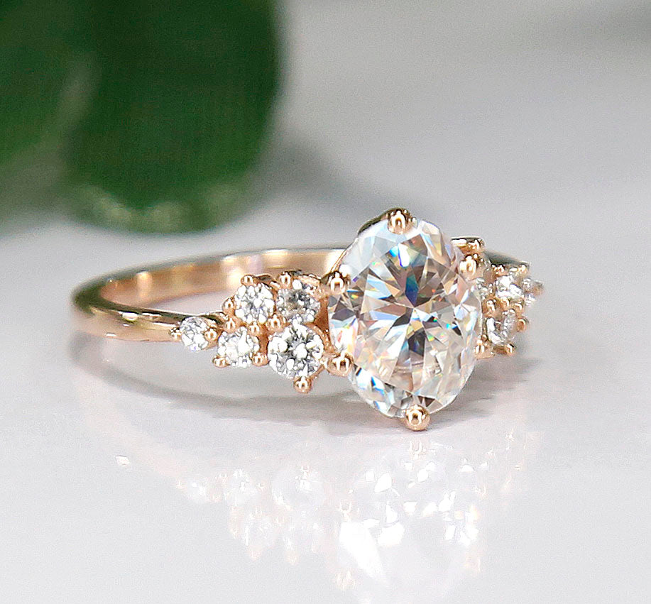 Oval White Topaz Cluster Anniversary Ring in 14K Rose Gold Finish