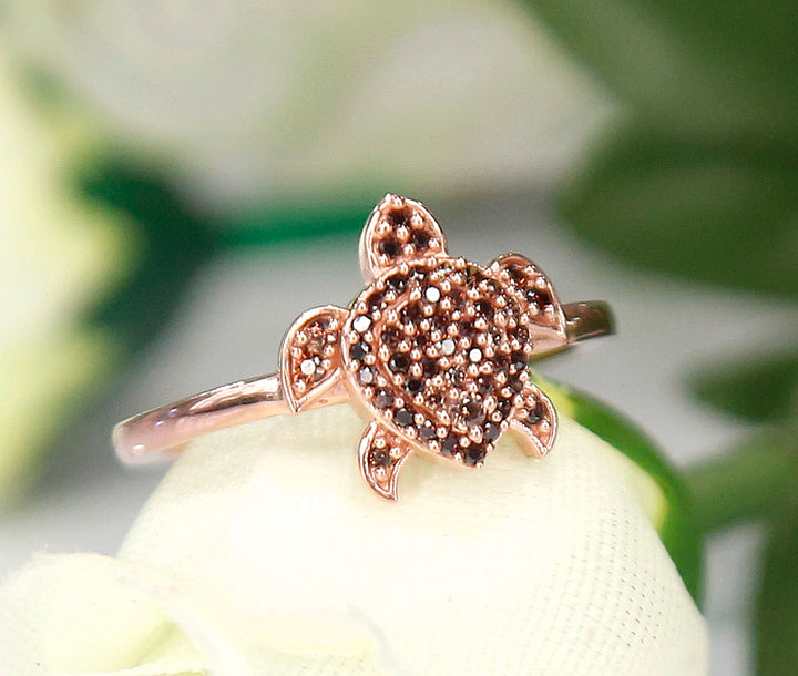 Brown Diamond Aloha Collection Sea Turtle Ring in 14K Rose Gold Finish - Lucky Charm - Birthstone