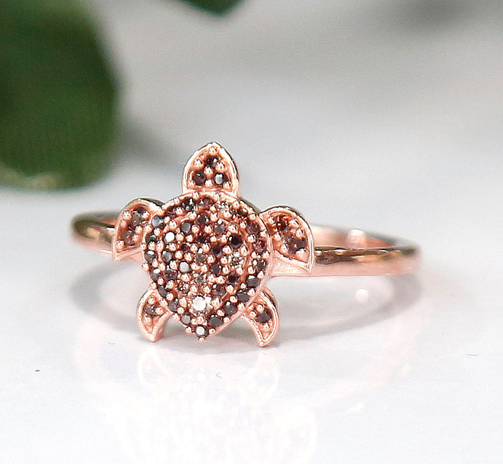 Brown Diamond Aloha Collection Sea Turtle Ring in 14K Rose Gold Finish - Lucky Charm - Birthstone