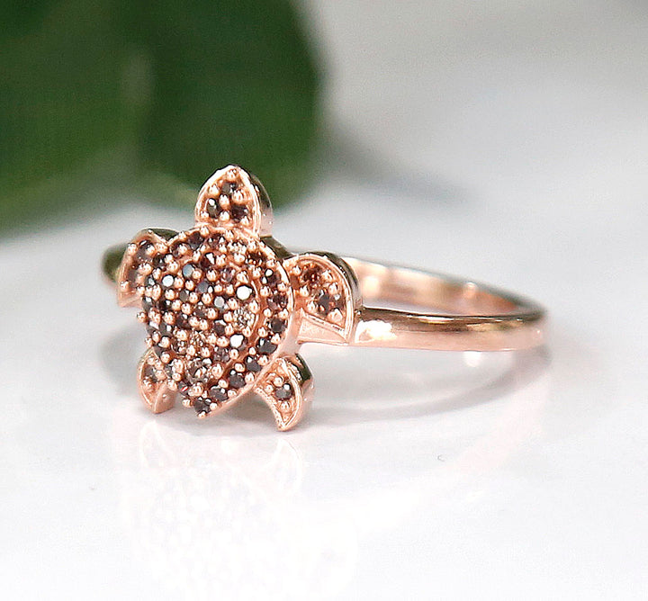 Brown Diamond Aloha Collection Sea Turtle Ring in 14K Rose Gold Finish - Lucky Charm - Birthstone