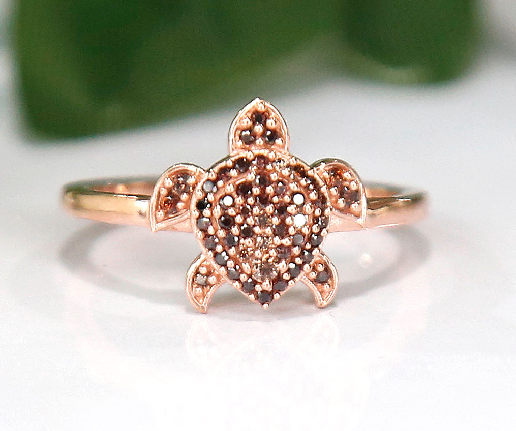 Brown Diamond Aloha Collection Sea Turtle Ring in 14K Rose Gold Finish - Lucky Charm - Birthstone