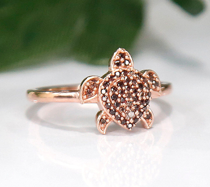 Brown Diamond Aloha Collection Sea Turtle Ring in 14K Rose Gold Finish - Lucky Charm - Birthstone