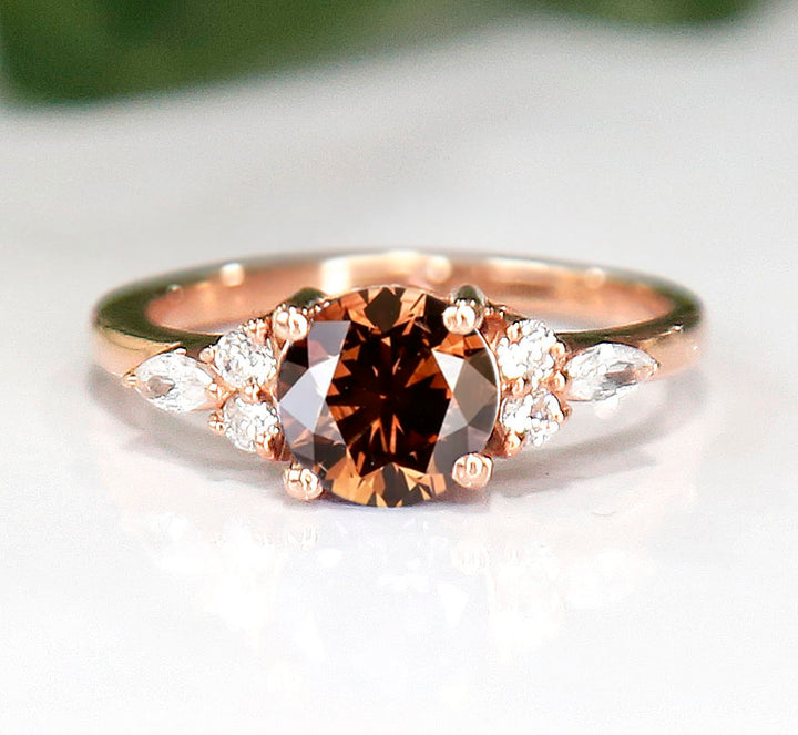 Round Brown Diamond Ring For Her in 14K Rose Gold Finish