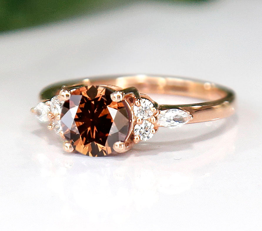 Round Brown Diamond Ring For Her in 14K Rose Gold Finish