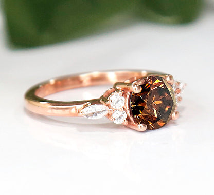 Round Brown Diamond Ring For Her in 14K Rose Gold Finish
