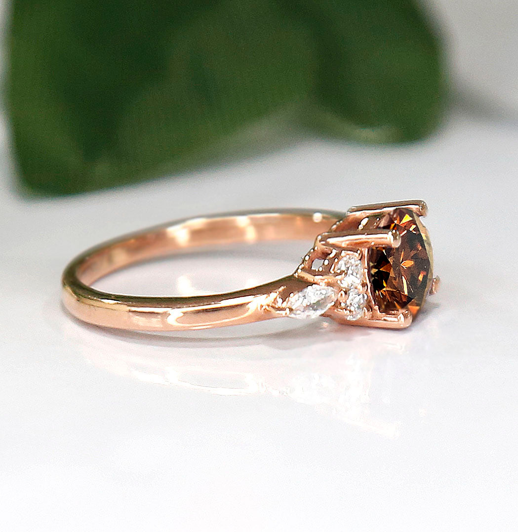 Round Brown Diamond Ring For Her in 14K Rose Gold Finish