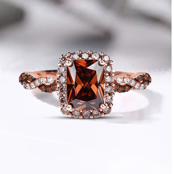 Romantic Radiant Cut Champagne Diamond Ring- 14k Rose Gold Finish