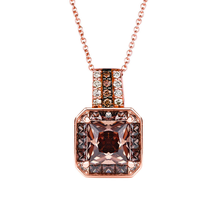 Princess Brown Diamond Halo Pendant Necklace in 14k Rose Gold Vermeil