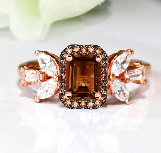 Brown Diamond Butterfly Halo Ring in 14K Rose Gold Finish
