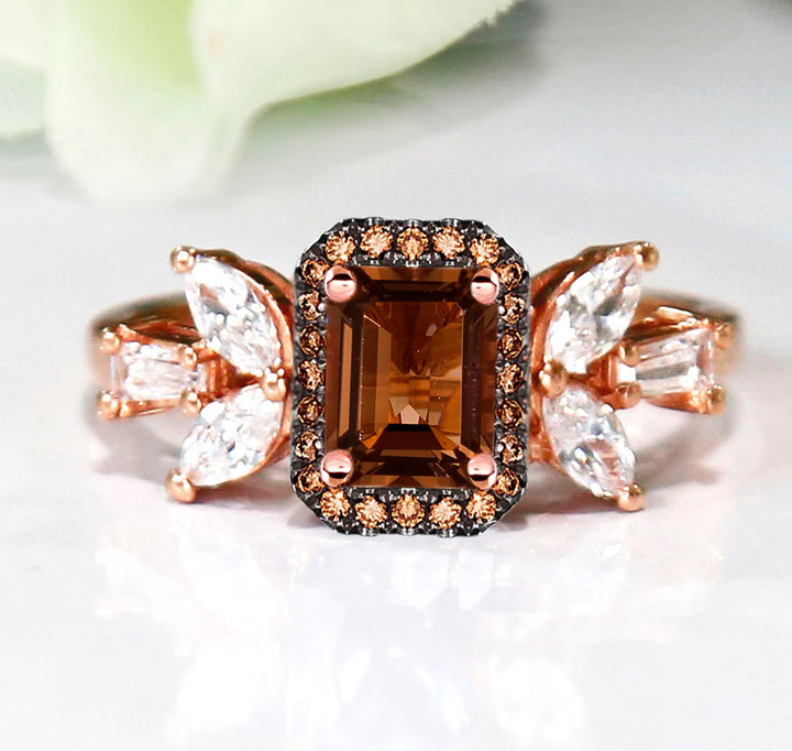 Emerald Cut Brown Diamond Butterfly Halo Ring in 14K Rose Gold Finish