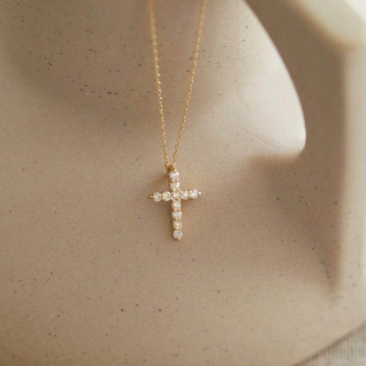 14k Solid Gold Moissanite Cross Necklace for Women - Christian Faith Pendant Necklace - Christmas Gift For Her