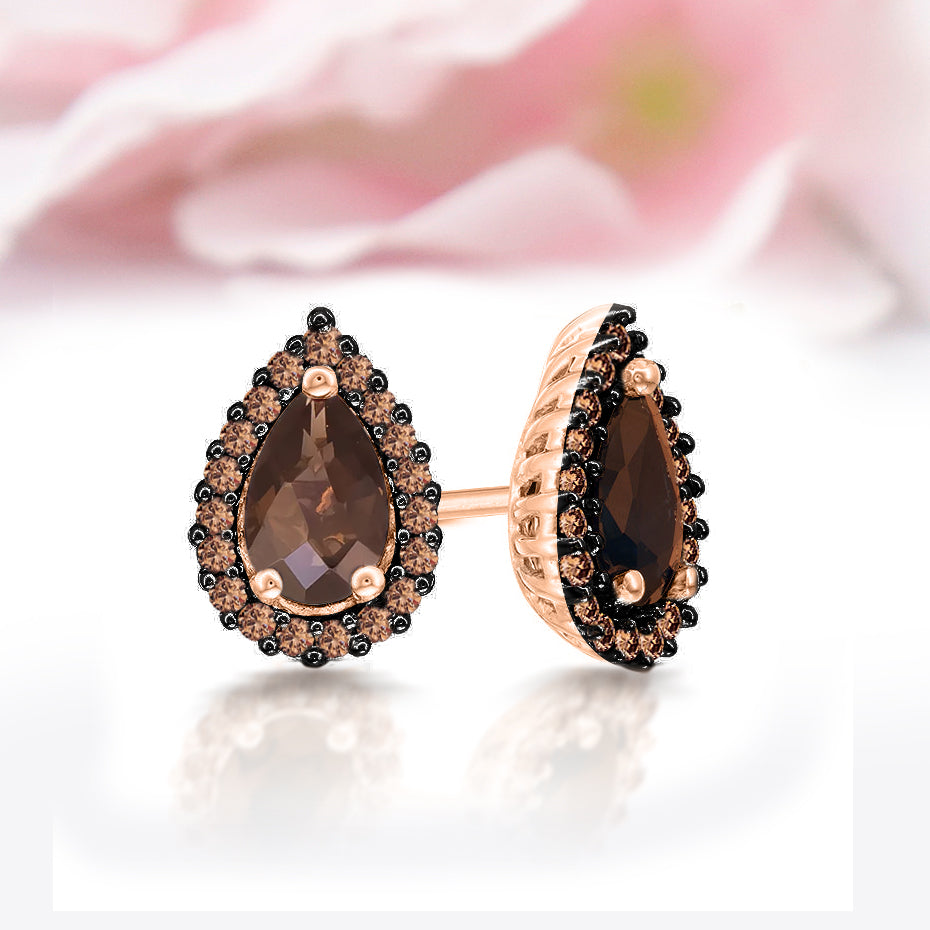 Blue Sapphire & Brown Diamond Halo Stud Earring in 14K Rose Gold Finish