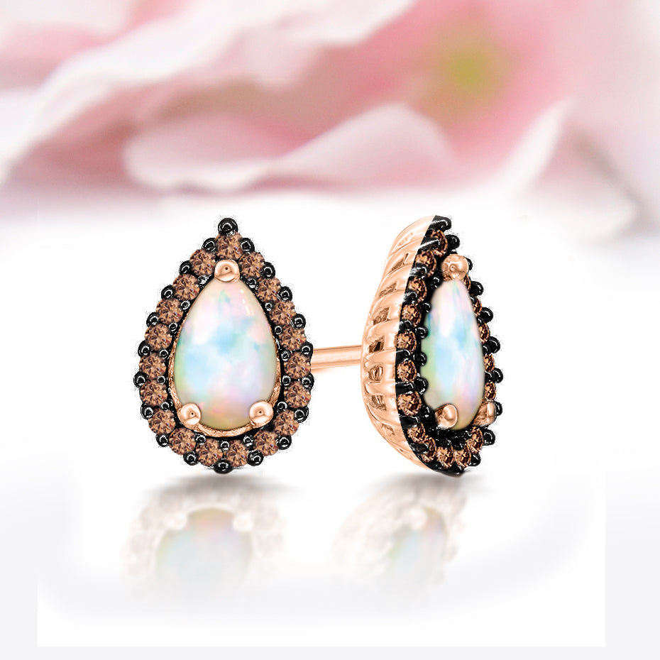 Pear Brown Diamond Halo Stud Earring in 14K Rose Gold Finish