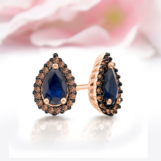 Blue Sapphire & Brown Diamond Halo Stud Earring in 14K Rose Gold Finish