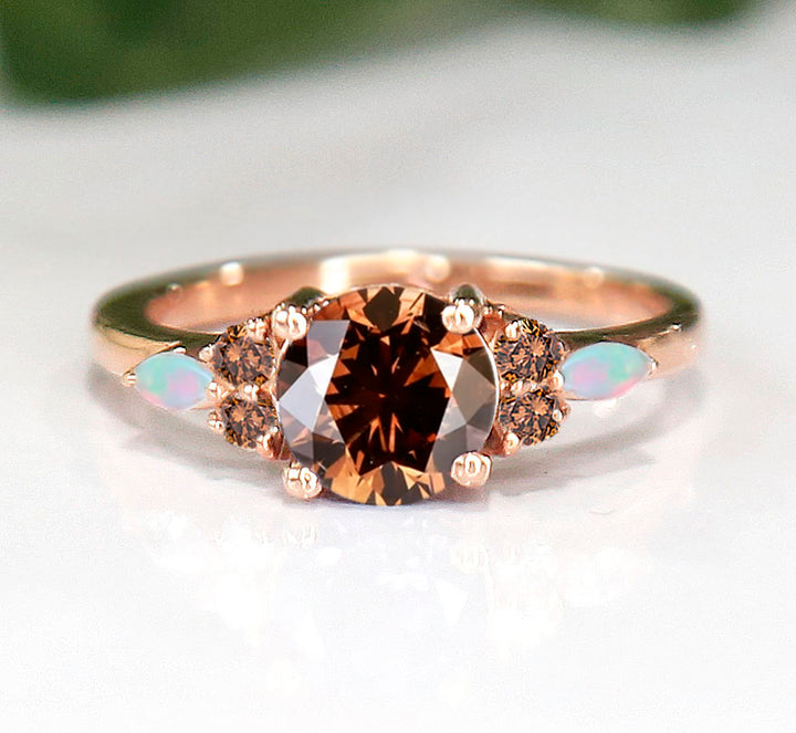 Brown Diamond & Opal Ring For Her in 14K Rose Gold Finish - Gifts For Her