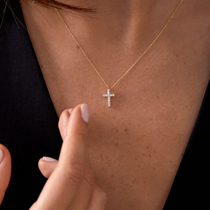 14k Solid Gold Moissanite Cross Necklace for Women - Christian Faith Pendant Necklace - Christmas Gift For Her