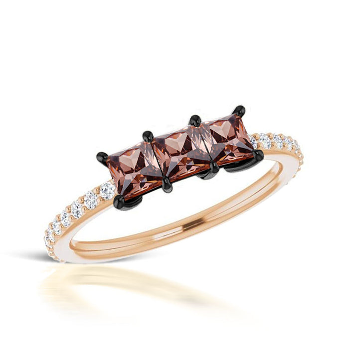 Three Princess Brown Diamond Ring in 14K Rose Gold Finish