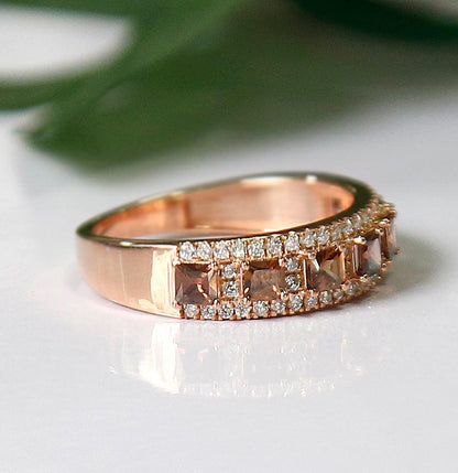 Brown Princess Diamond Proposal Band Ring in 14K Rose Gold Finish