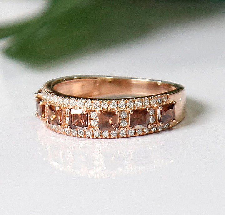 Princess Cut Champagne Diamond Proposal Band Ring in 14K Rose Gold Over - Statement Ring