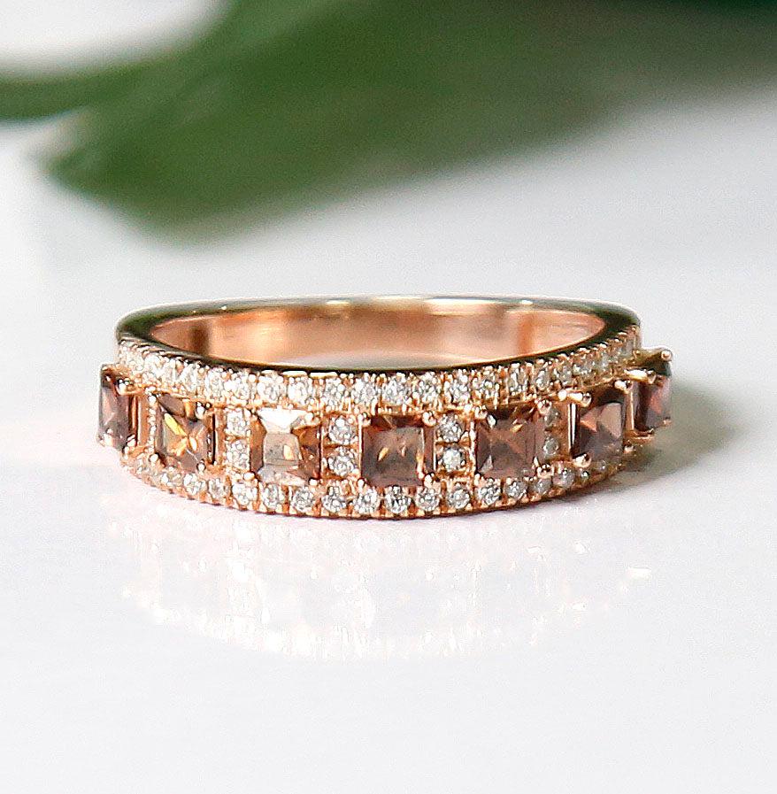 Princess Cut Champagne Diamond Proposal Band Ring in 14K Rose Gold Over - Statement Ring