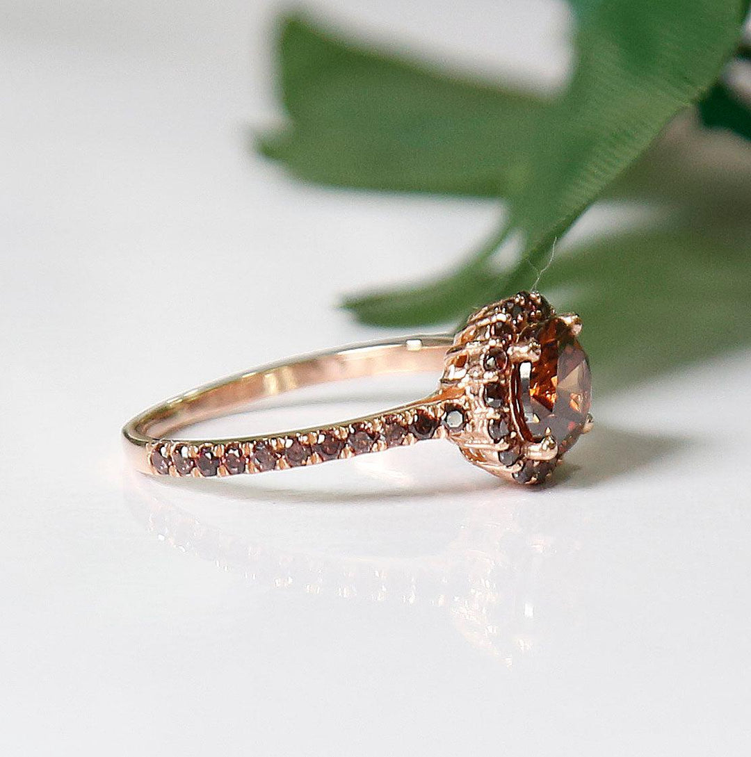 Brown Diamond Halo Engagement Ring in 14K Rose Gold Finish Perfect Gift For Her - Proposal Ring