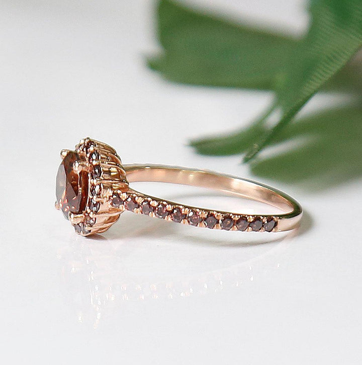 Brown Diamond Halo Engagement Ring in 14K Rose Gold Finish Perfect Gift For Her - Proposal Ring