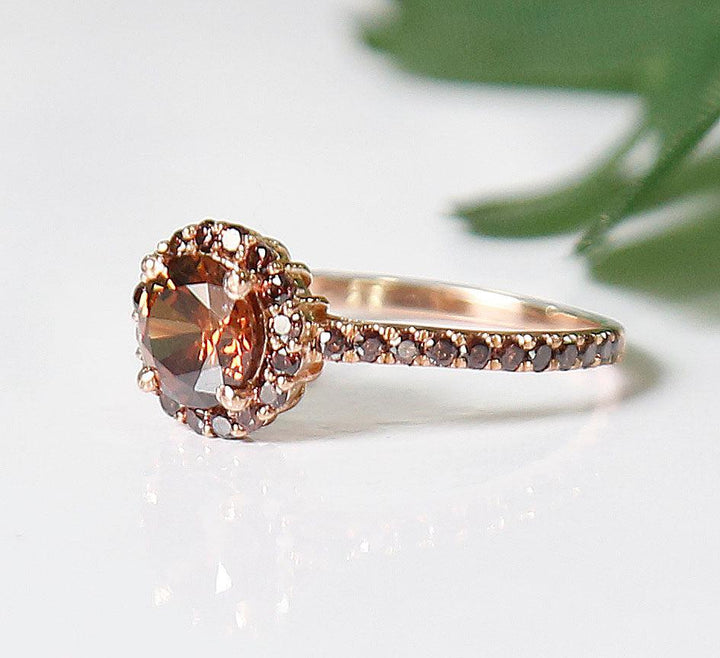 Brown Diamond Halo Engagement Ring in 14K Rose Gold Finish Perfect Gift For Her - Proposal Ring