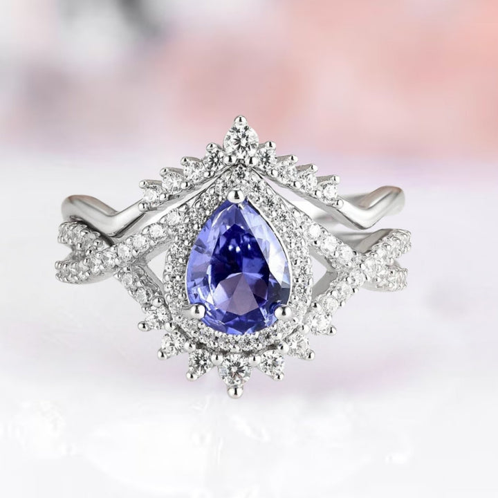 Teardrop Engagement Ring For Women in Sterling Silver - Vintage Purple Tanzanite Ring Set - December Birthstone Anniversary Gift