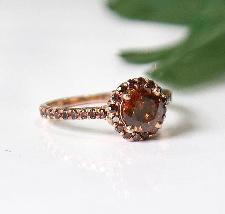 Brown Diamond Halo Engagement Ring in 14K Rose Gold Finish Perfect Gift For Her - Proposal Ring