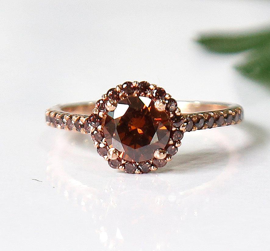 Brown Diamond Halo Engagement Ring in 14K Rose Gold Finish Perfect Gift For Her - Proposal Ring