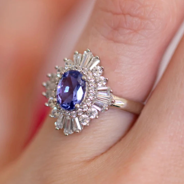 Oval Tanzanite Engagement Ring in Stereling Silver Art Deco Cluster Ring - Promise Ring December Birthstone Anniversary Gift