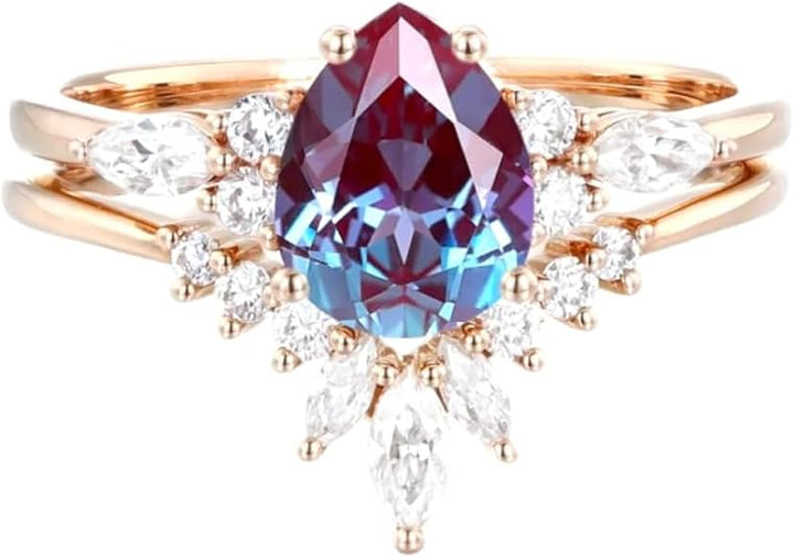 Vintage Alexandrite Ring Set in 14K Rose Gold Vermeil Teal & Purple Alexandrite Engagement Ring Set For Women Promise Ring June Birthstone - Gift For Her