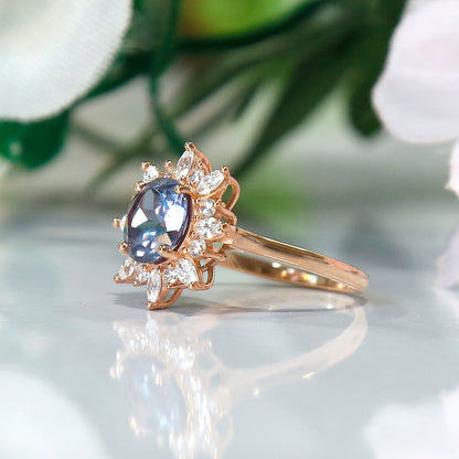 Alexandrite & Diamond Halo Engagement Wedding Ring