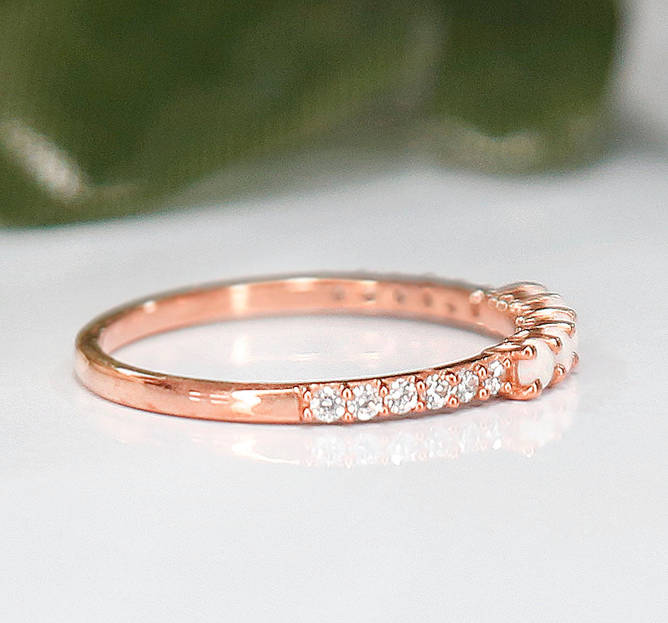 Fire Opal & Diamond Weding Band Ring in 14K Rose Gold Finish