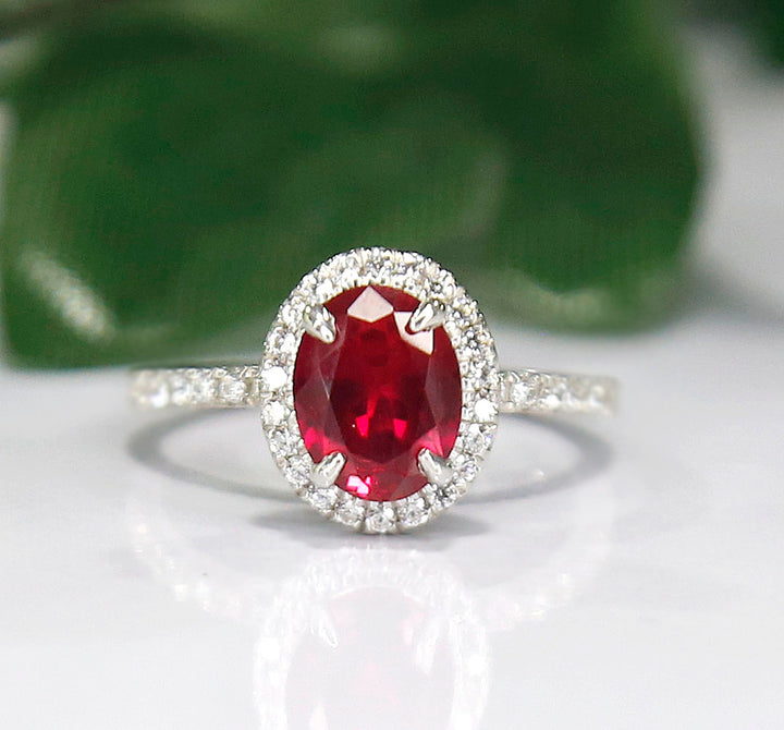 Ruby & Diamond Halo Engagement Ring in 925 Sterling Silver