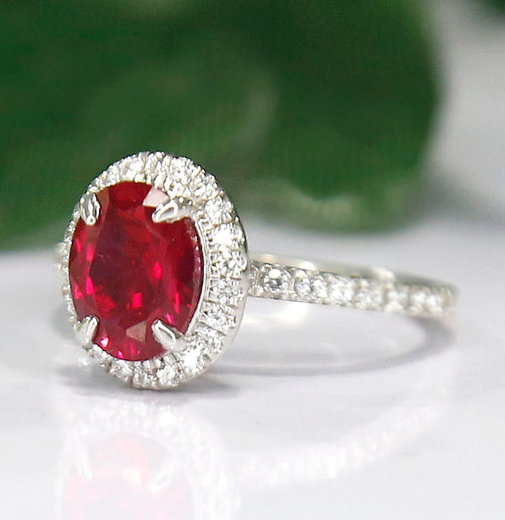 Ruby & Diamond Halo Engagement Ring in 925 Sterling Silver