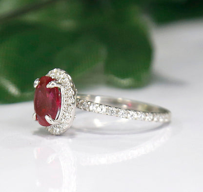Ruby & Diamond Halo Engagement Ring in 925 Sterling Silver