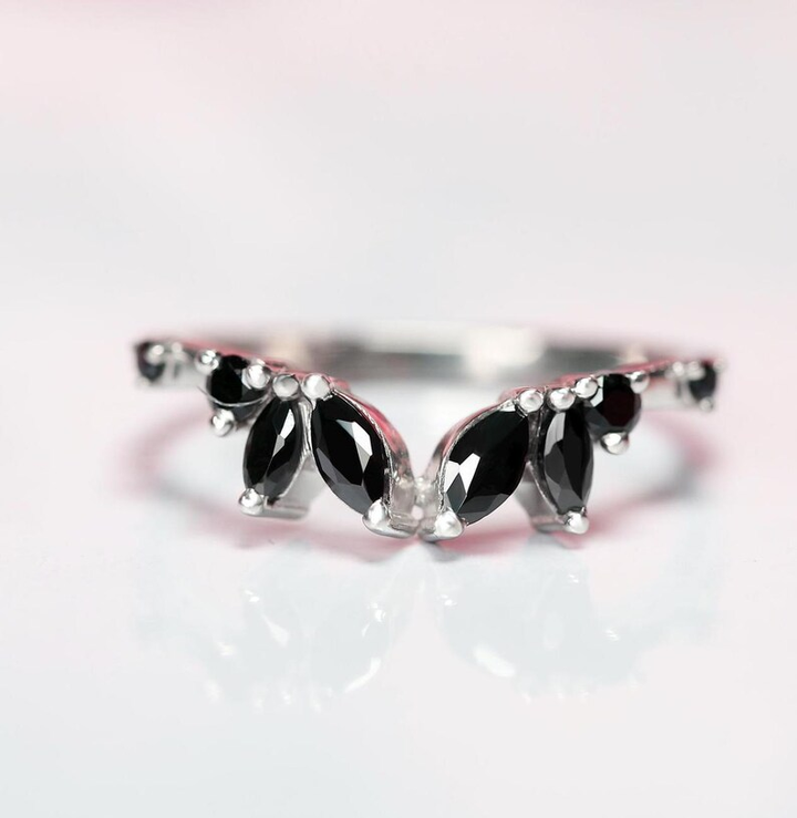 Unique Marquise Black Spinel Wedding Band stacking ring Sterling Silver Promise Ring Handmade Jewelry Gift