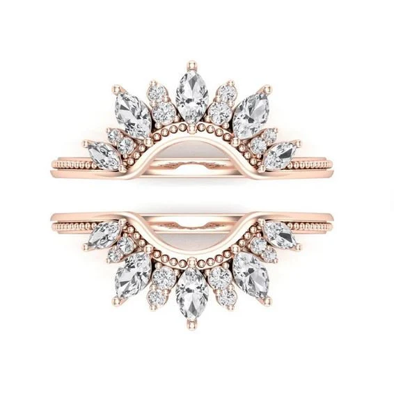 Crown Enhancer Wedding Ring Band 0.50 Ct Marquise Cut Simulated Diamond Silver 14k Rose Gold Finish