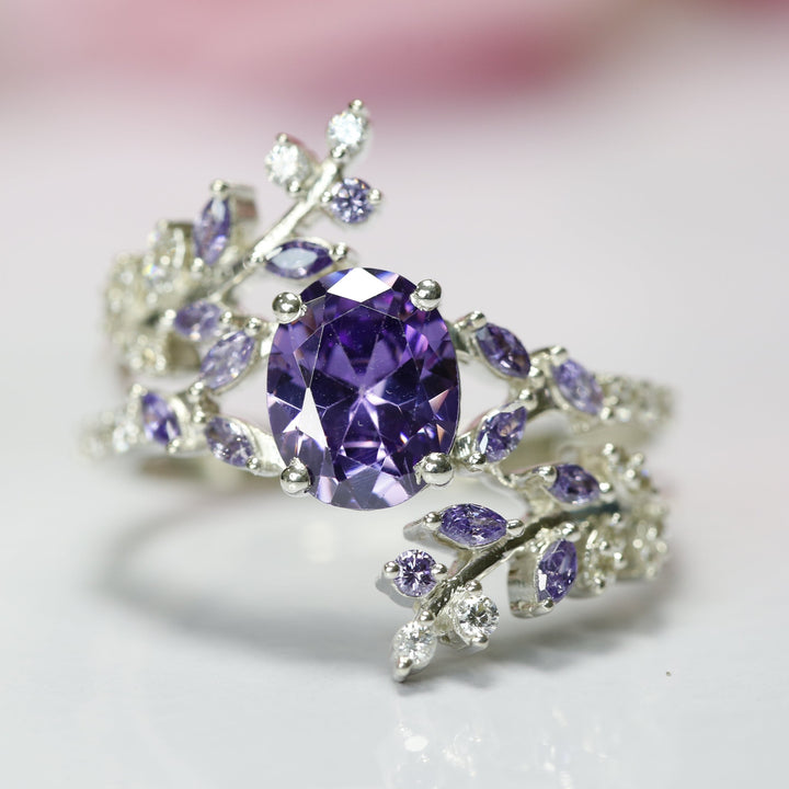 Amethyst & Diamond Engagement Ring - 925 Sterling Silver Leaf Bridal Ring - Unique Women's Promise Ring- Anniversary Gift For Her