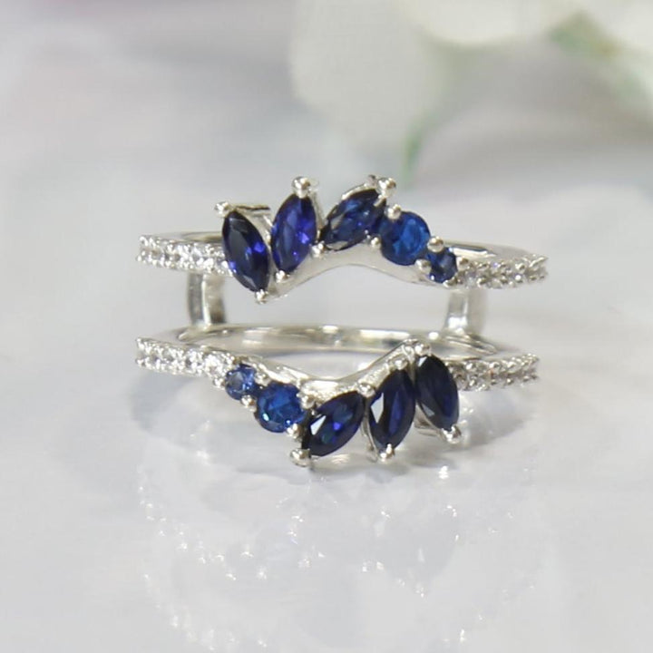 Blue Sapphire Enhancer Wedding Ring Guard - 14K White Gold Over - Special Gift For Thanksgiving