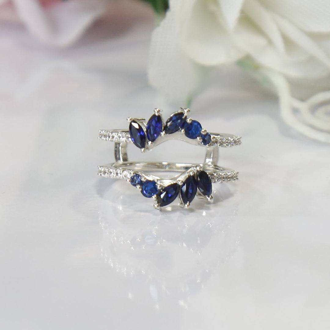 Blue Sapphire Enhancer Wedding Ring Guard - 14K White Gold Over - Special Gift For Thanksgiving