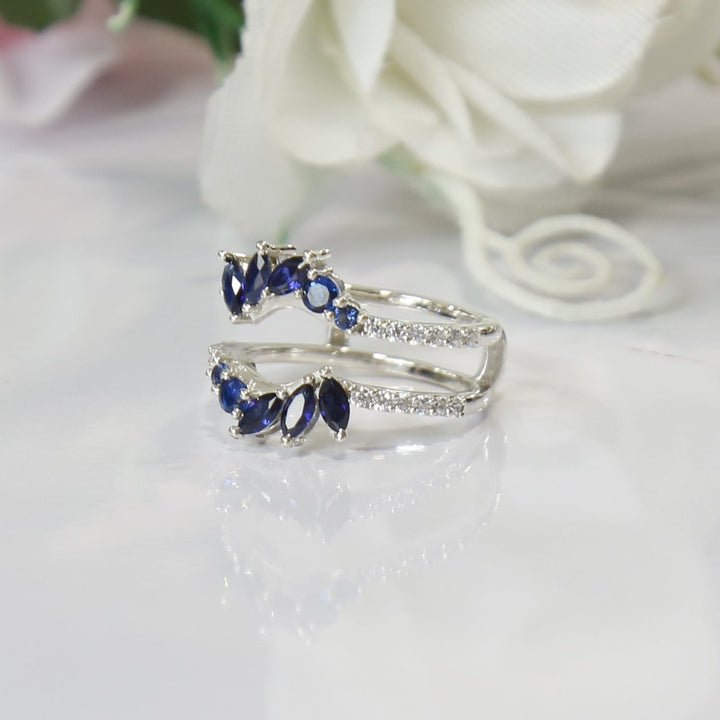 Blue Sapphire Enhancer Wedding Ring Guard - 14K White Gold Over - Special Gift For Thanksgiving