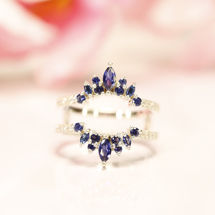 Marquise Shape Blue Sapphire & Diamond Ring - 14K White Gold Over Enhancer Ring - Solitaire Enhancer Ring - Ring Jacket - Wedding Gift